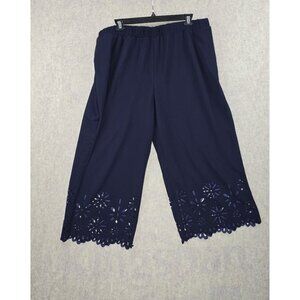 Elastic Waist Women’s Capris Navy Blue 5XL Polyester Blend Floral Cutout Hem